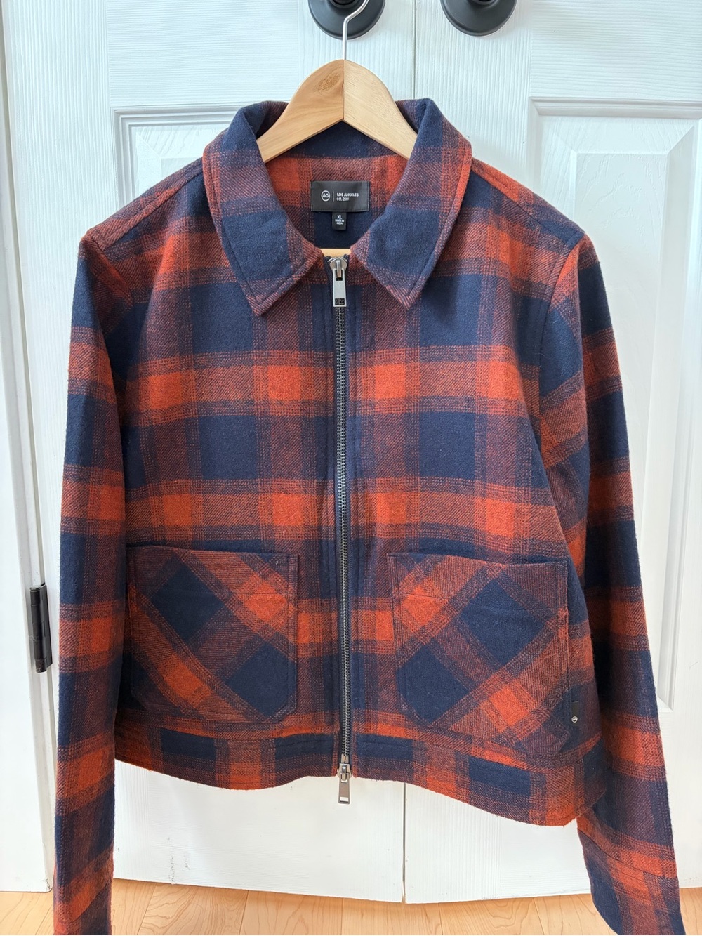 Ag Adriano Goldschmied Navy & Brick Red Plaid Zip-Up Shirt Jacket, wool blend.